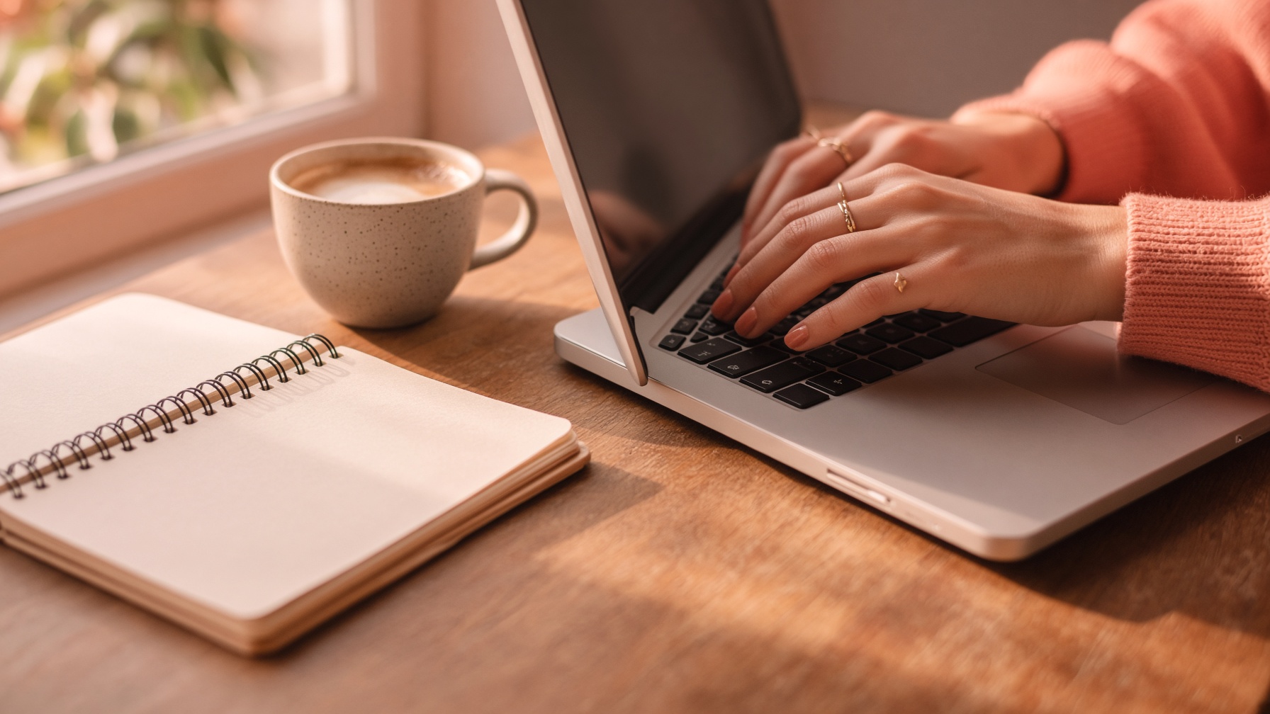 Mains tapant sur un ordinateur portable, carnet et tasse de café sur un bureau en bois, lumière du matin.