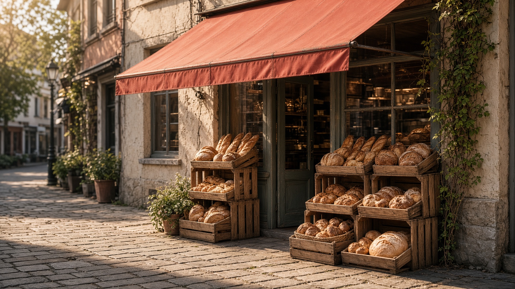 Devanture d’une boulangerie belge, store corail, cagettes de pain, trottoir pavé.