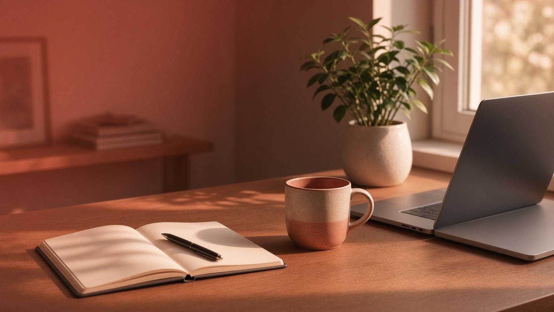 Bureau à domicile rangé, carnet ouvert, tasse, plante, fin d’après-midi.