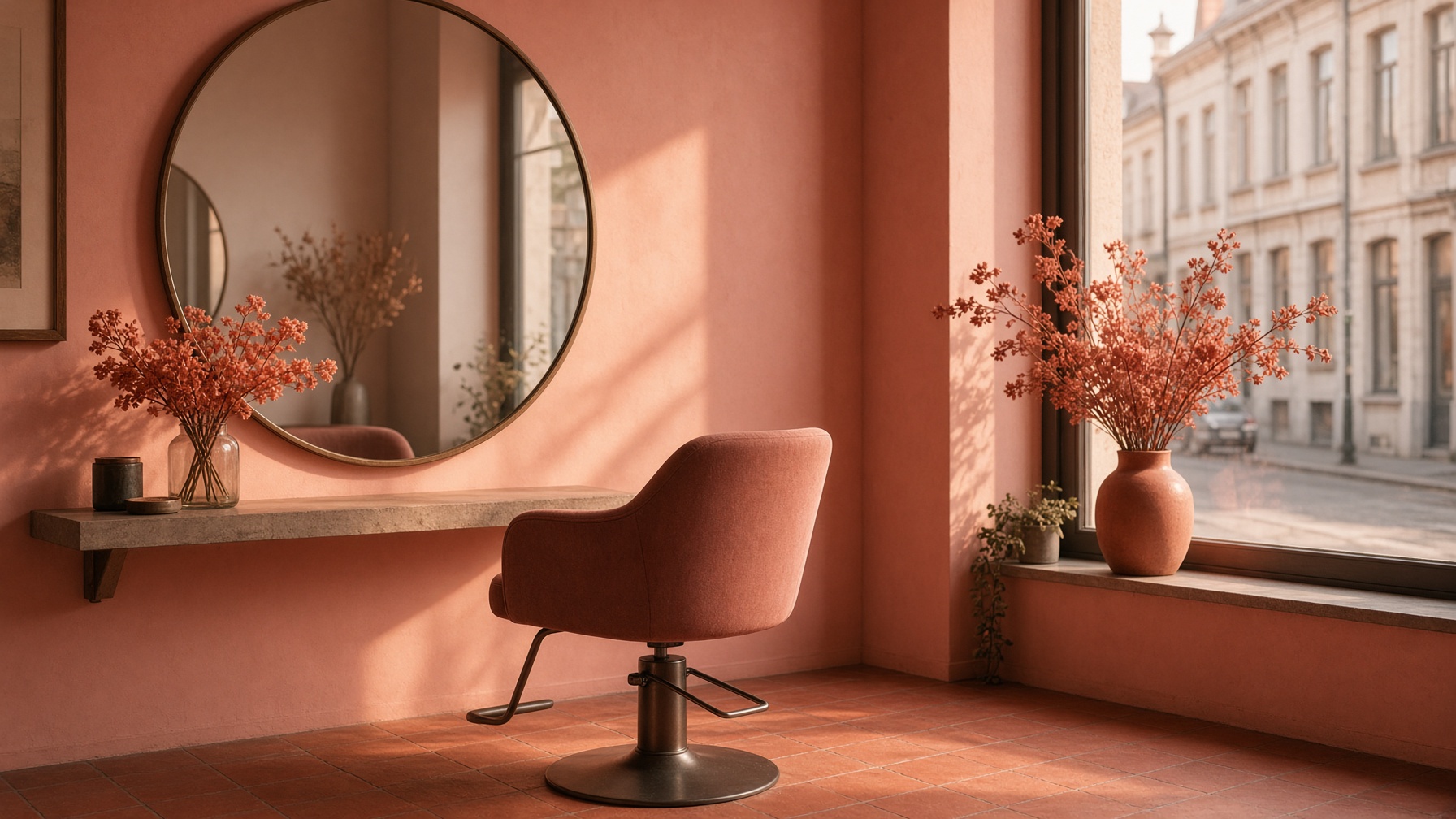 Intérieur d’un salon de coiffure, chaise vide, miroir rond, lumière de fin d’après-midi.