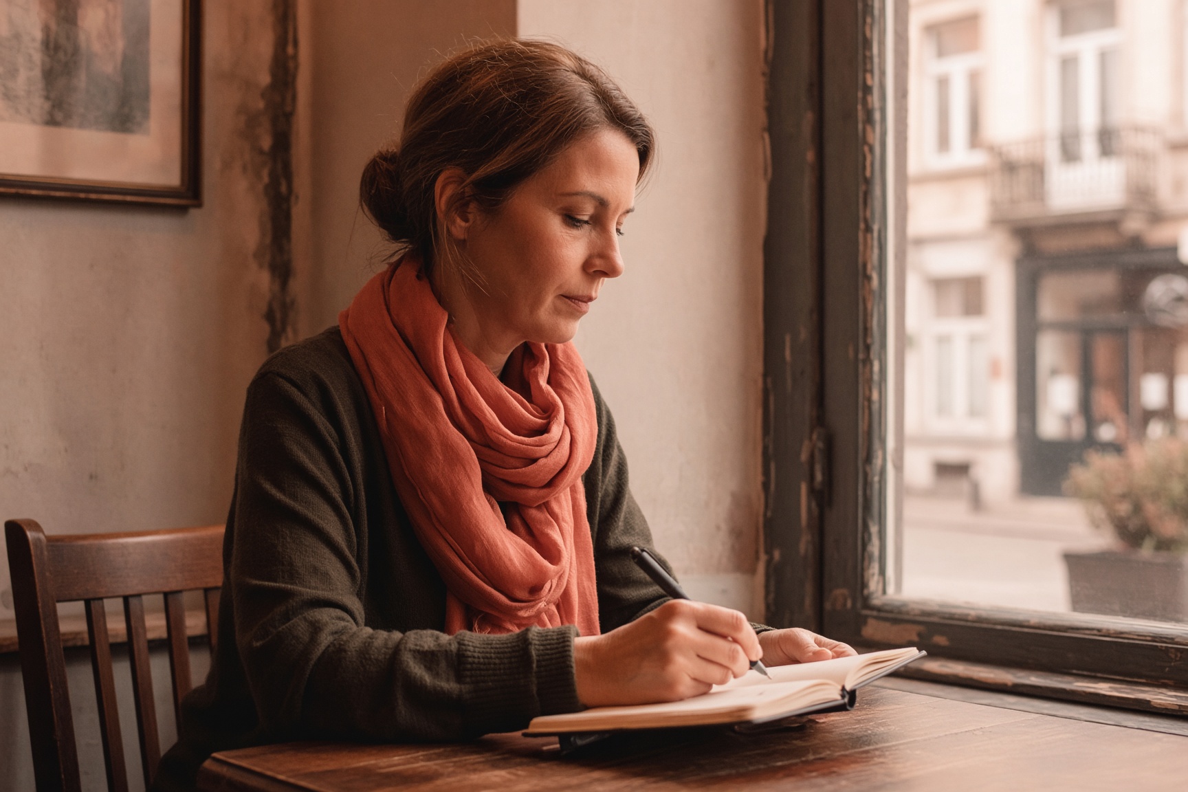 Portrait d’Inès Claeys, chroniqueuse, écrivant dans un café gantois.
